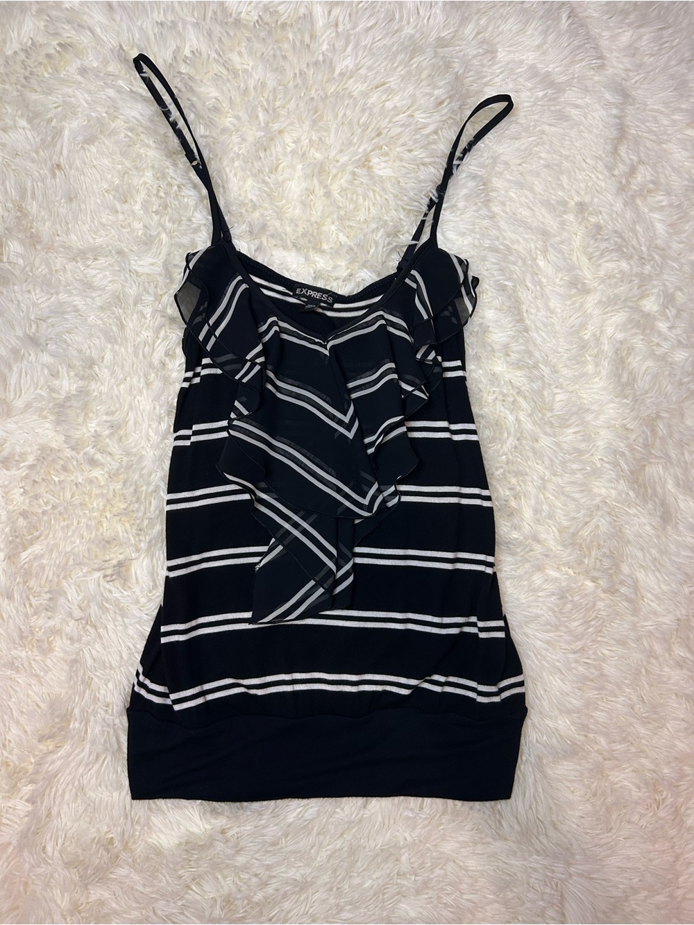 Express Black & White Striped Ruffle Cami